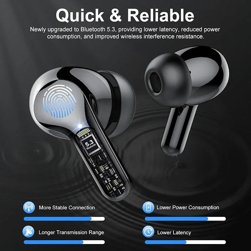 Wireless Earbuds BT5.3 Headphones HiFi Stereo EarBuds with ENC Noise Cancelling Mic 48H LED Display IP7 Waterproof Earphones