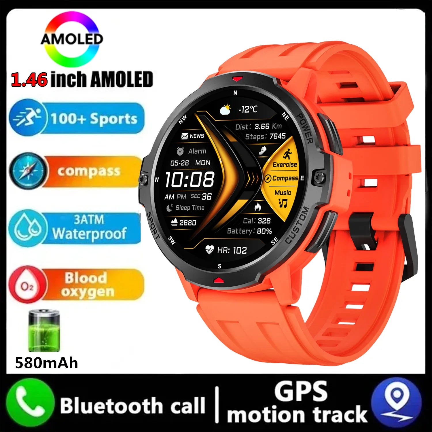 2026 NEW GPS Smart Watch 1.46'' AMOLED Display Built-in Compass Barometric Altimeter 5ATM 580mAh Battery Sports Smartwatch Men